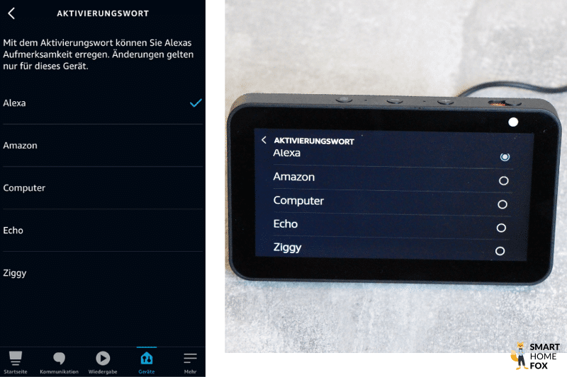 Auswahl der verfügbaren Namen und Aktivierungswörter für Alexa in der Amazon Alexa App und auf dem Bildschirm vom Echo Show